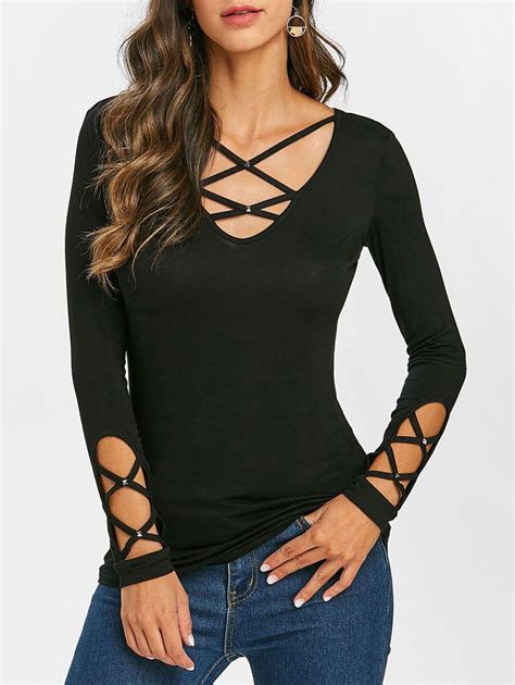 Rivet Criss Cross V Neck T Shirt Clothes For Women Fashion Clothes