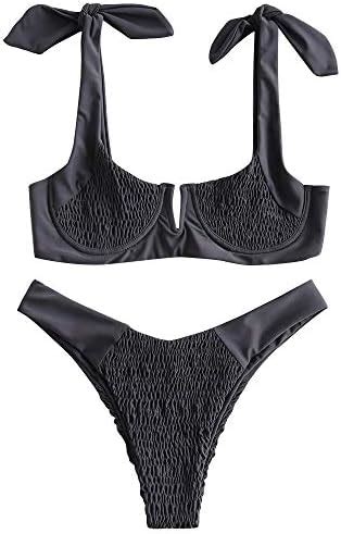 Zaful Women S Shirred Tie Shoulder Underwire High Cut Two Piece Bikini Set Dark Grey S Price