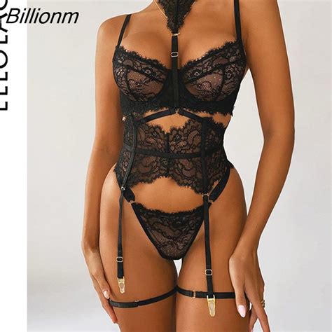 Billionm Underwear Sexy Lingerie 3 Pieces Transparent Bra Lace Suit