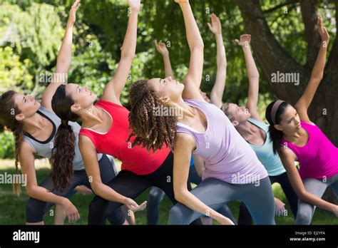 Fitness Group Doing Yoga In Park Stock Photo Alamy