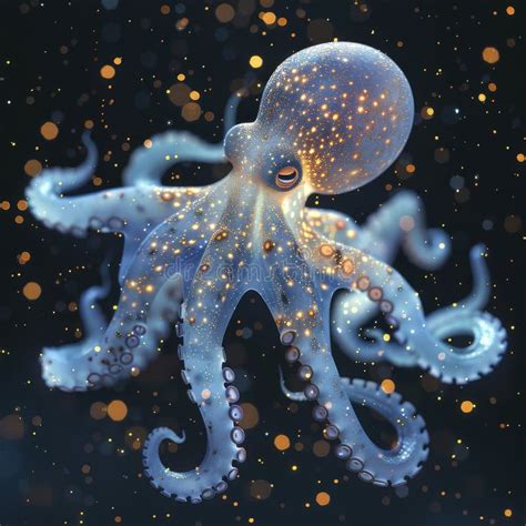 Glowing Octopus Floating In A Starry Underwater Scene Stock
