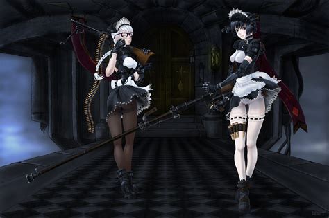 Two Women Girls With Guns Dark Hair White Hair Standing Maid