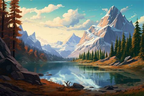 Fantasy Landscape With Mountains Lake And Forest Digital Painting