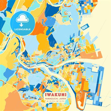 Iwakuni, Yamaguchi, Japan blue and orange vector art map template - HEBSTREITS