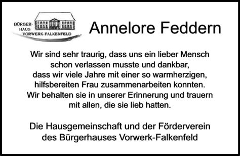 Traueranzeigen Von Annelore Feddern Trauer Anzeigen De