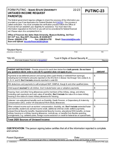 Fillable Online Parent S Untaxed Income Request Financial Aid Form