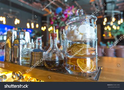 Classic Bar Counter Bottles Blurred Background Stock Photo 650812906