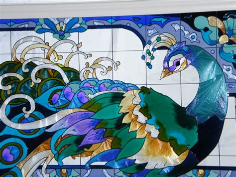 Spectacular Peacock Mural 37x17 Art Glass Window Panel Ebay