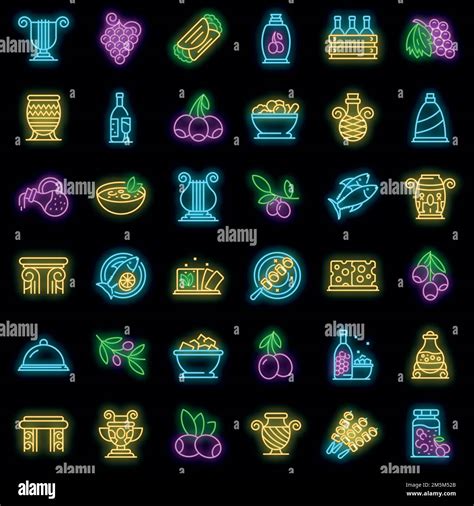 Greece Food Icons Set Outline Set Of Greece Food Vector Icons Neon