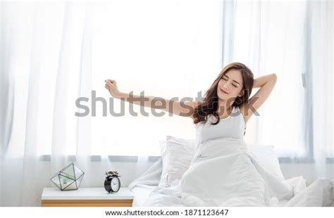 Portrait Of Beauty Happy Asian Sexy Woman Awaking Wake Up On The Bed Sleep Young Beautiful