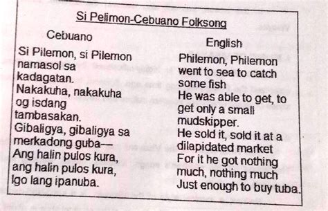 SOLVED: 1. What is the song all about? 2. What kind of song is Si Pelimon? In what island did ...