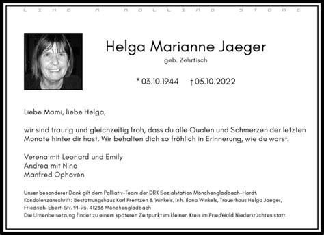 Traueranzeigen Von Helga Marianne Jaeger Trauer Und Gedenken