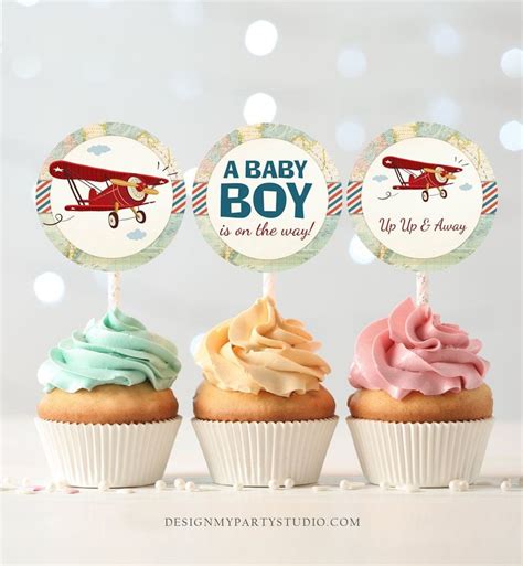 Editable Airplane Baby Shower Cupcake Toppers Vintage Airplane Etsy