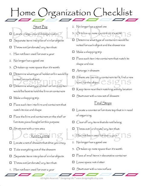 Home Organization Checklist Pdf Printable Basic Organizing List