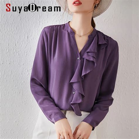 Suyadream Silk Solid Blouses Woman Silk Long Sleeves V Neck Ruffles