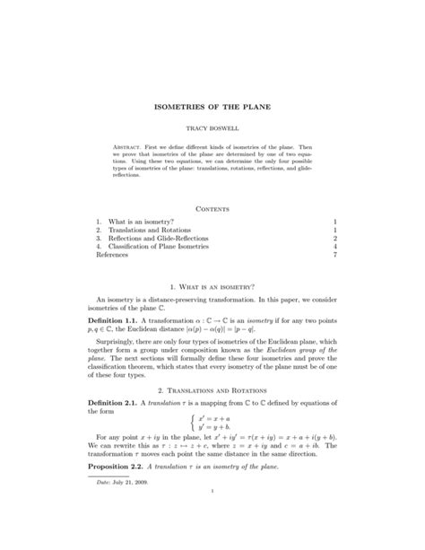 ISOMETRIES OF THE PLANE Contents 1 What Is An Isometry 1 2