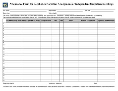 Attendance Form For Alcoholics Narcotics Anonymous Or Independent