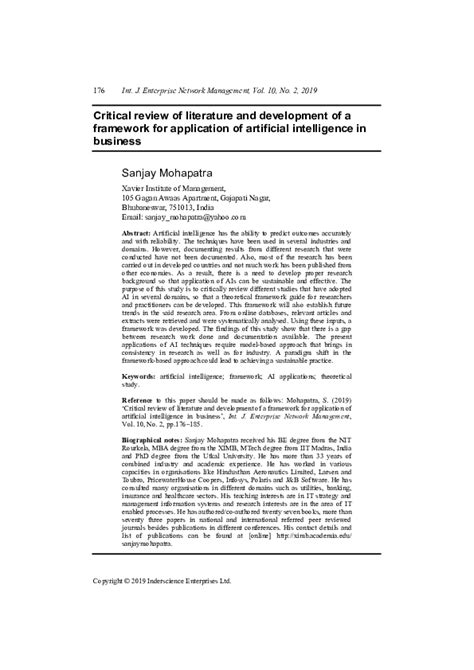 Pdf Critical Review Of Literature And Development Of A Framework For Application Of Artificial