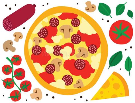 Pizza With Salami And Mushrooms Stock Illustration Illustration Of