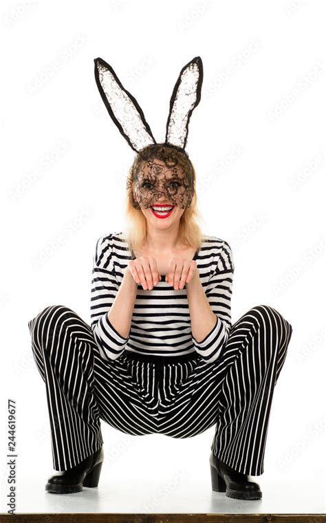 Sexy Easter bunny girl. Sexy girl in rabbit mask. Sexy fashion girl in black mask. Woman with ...