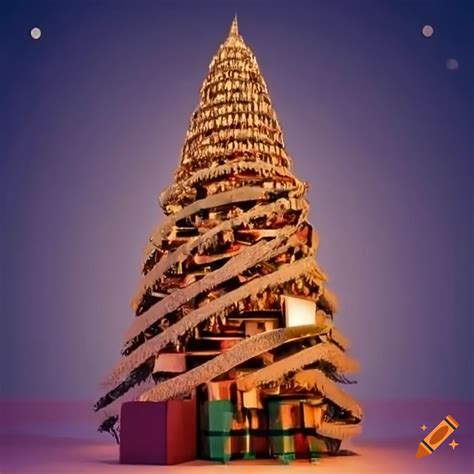 Beautiful Christmas Tree Surrounded By Presents And Buildings With