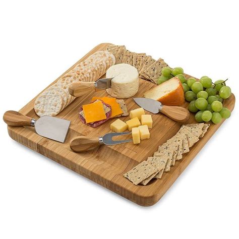 Luxury New Natural Bamboo Cheese Board Cutlery Knife Set With Slide Out