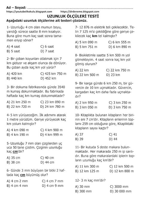 Sinif Uzunluk L Ler Test Matematik Lkokul Etkinlik G Nleri