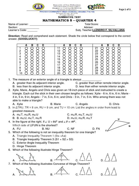 Math 8 Summative Test Pdf Euclidean Geometry Mathematics