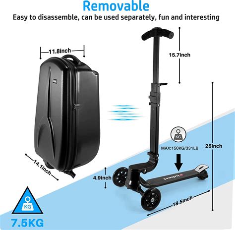 scooter suitcase for adult/kids over 6, 50l luggage scooter luggage aluminum scooter travel ride ...