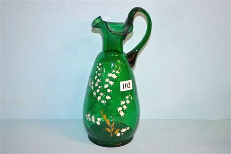 Hand Painted Victorian Green Glass Water Jug British Victorian Glass