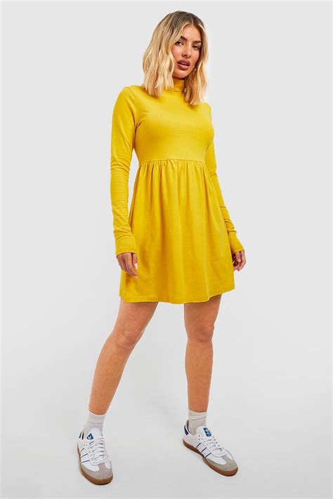 Basic Roll Neck Long Sleeve Skater Dress Boohoo Uk