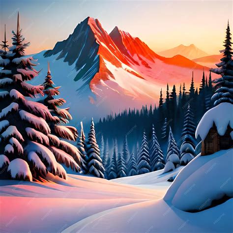 Premium AI Image | A painting of a snowy landscape with a mountain in the background