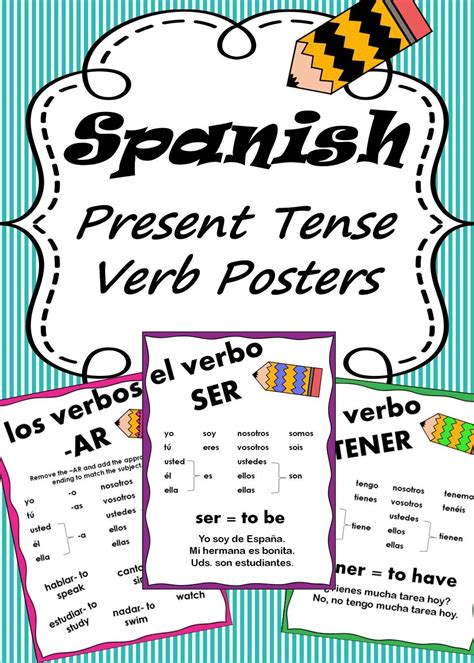 Spanish Present Tense Verb Posters With The Words In Different Colors