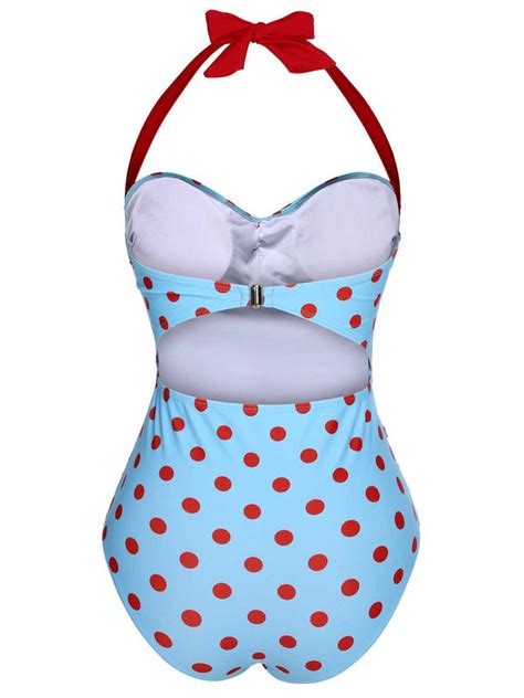 1940s Halter Contrast Polka Dots One Piece Swimsuit Retro Stage