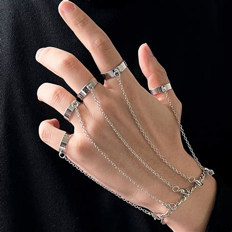 Goth Punk Mens Chain Detail Mittens Ring Emo Jewelry Hand Chain