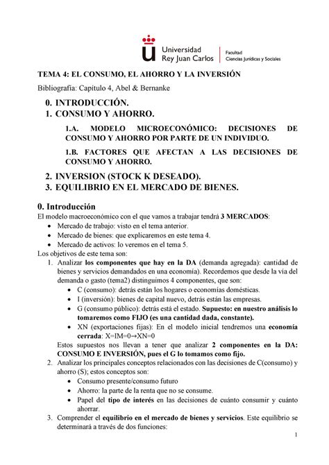 T4 Macroeconomía TEMA 4 EL CONSUMO EL AHORRO Y LA INVERSIÓN