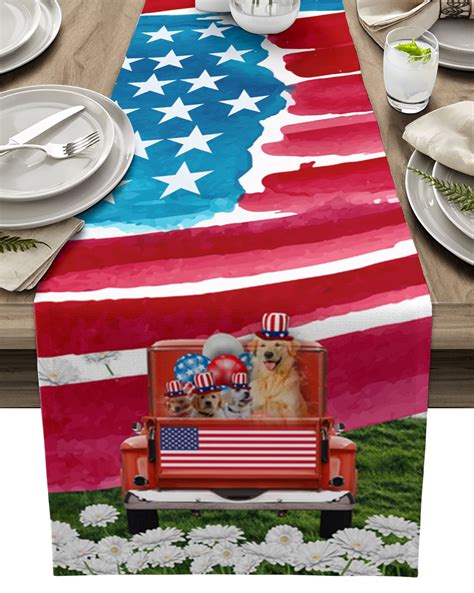 4th Of July Table Runners American Flag Truck Cute Golden Retrieve