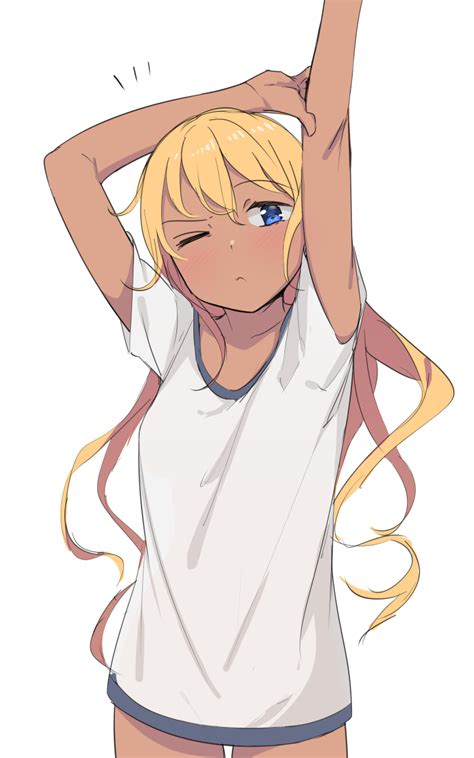 Safebooru 1girl Arms Up Bangs Blonde Hair Blue Eyes Cowboy Shot Dark Skinned Female Dark