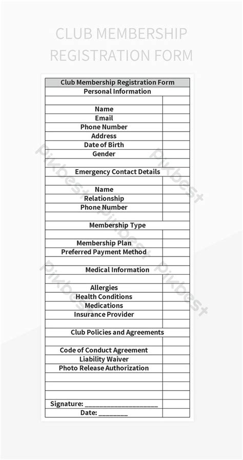 Club Membership Registration Form Excel Template Free Download Pikbest