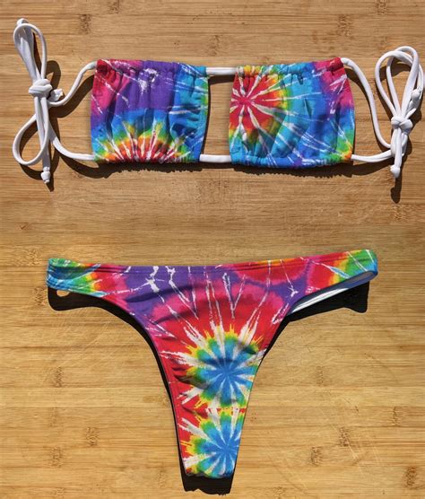 Swimwear Square Halter Tie Bikini Set Tie Dye Trippy Thong Cheeky Full