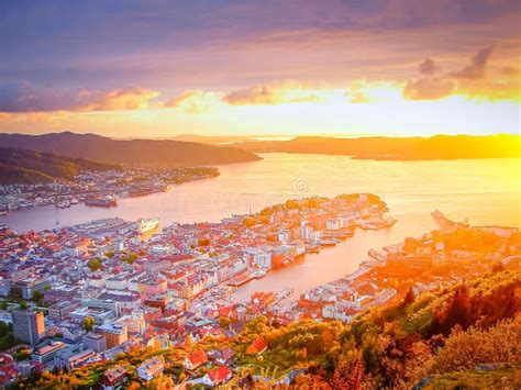 Dramatic Sunset View Of Bergen From Floyen Mountain Norway Stock Image