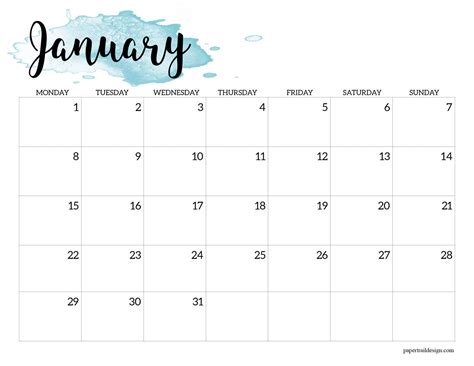 2024 Monday Start Calendar Printable Watercolor Paper Trail Design