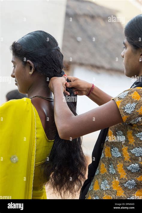 Rural Indian Village Woman Having Hair Plaited Andhra Pradesh India