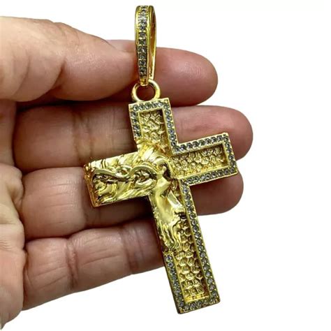 Pingente Crucifixo Face De Cristo Cravejado Banhado A Ouro K Lan Amento