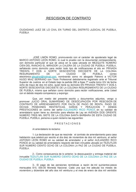 Rescision De Contrato Formato De Escrito Practico Rescision De