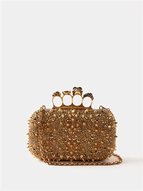 Alexander Mcqueen Skull Four Ring Embellished Leather Clutch Bag We