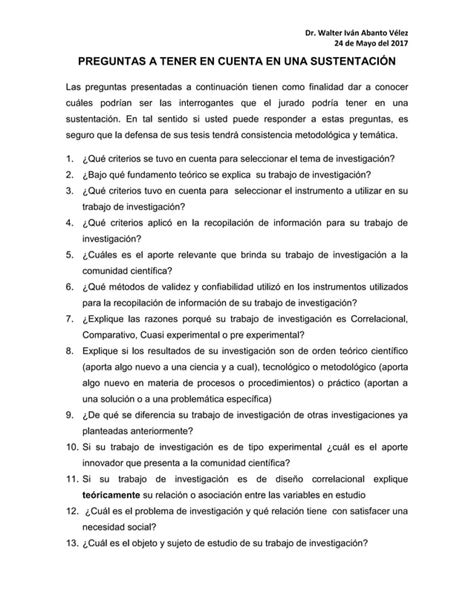 Preguntas a tener en cuenta en una sustentación PDF