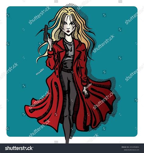 Colored Line Art Dangerous Woman Gun Stock Vector Royalty Free