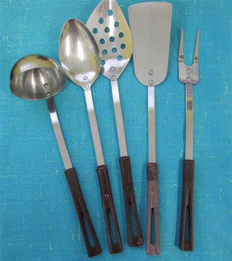 Vintage Set Of 5 Stanhome Stainless Utensils 13 12 With Composite Handle Solid Spoon Slotted