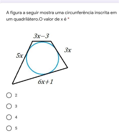 A figura a seguir mostra uma circunferência inscrita em um quadrilátero